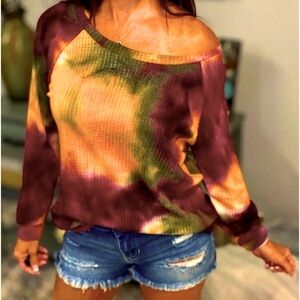 Multi Tie Dye Waffle Thermal Wide Neck Pull Over Long Sleeve Banded top.